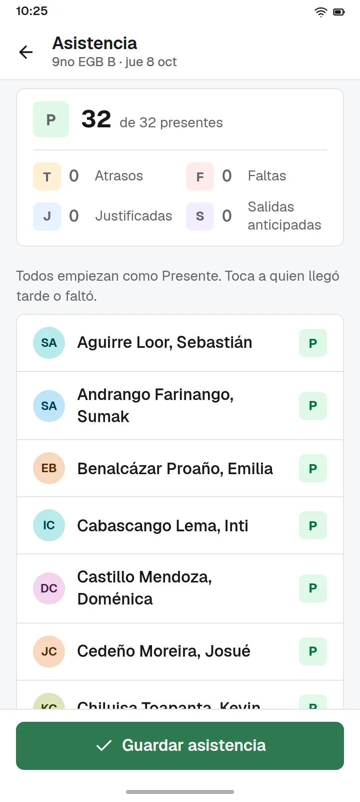 Prototipo del registro de asistencia en la app para docentes, con datos ficticios