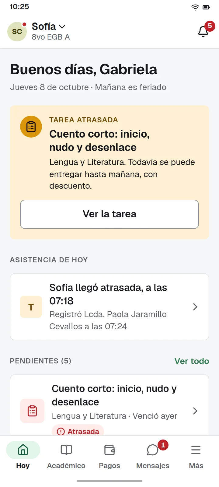 Prototipo de la pantalla de inicio de la app para familias, con datos ficticios