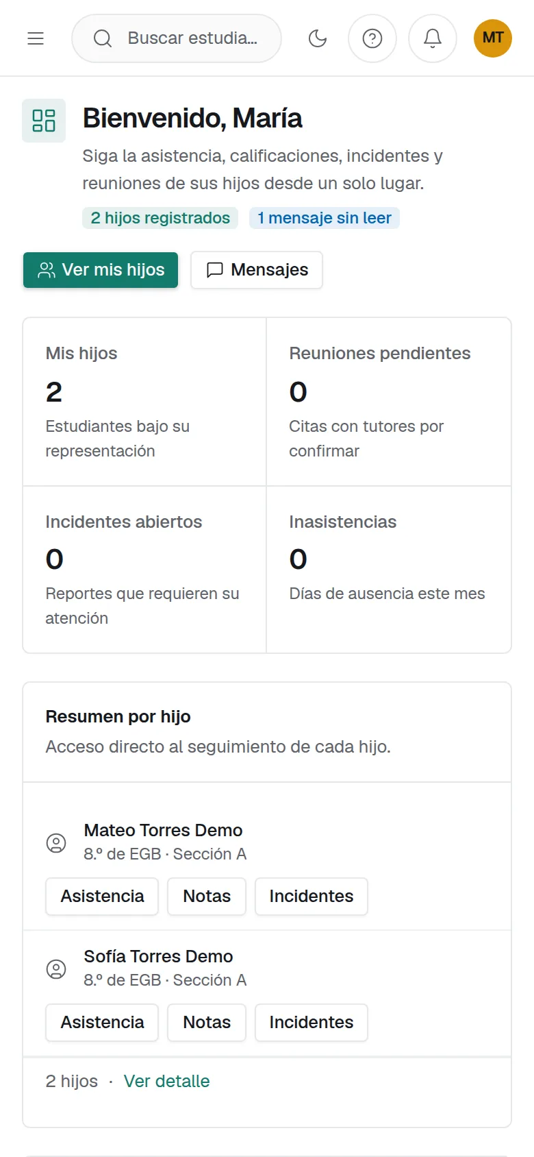 Inicio de una familia en Daddo desde el teléfono, con datos ficticios